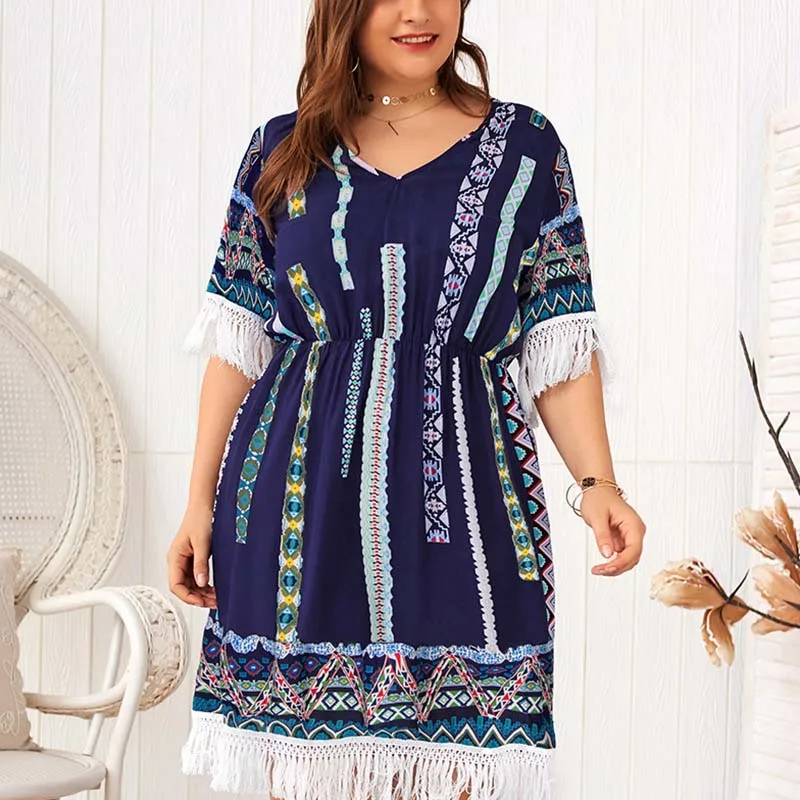 Boho Dress Women Fat 2019 Summer Midi Party Plus Size Tassel Big Beach Print Womens Dresses Female V-neck 4XL | Женская одежда