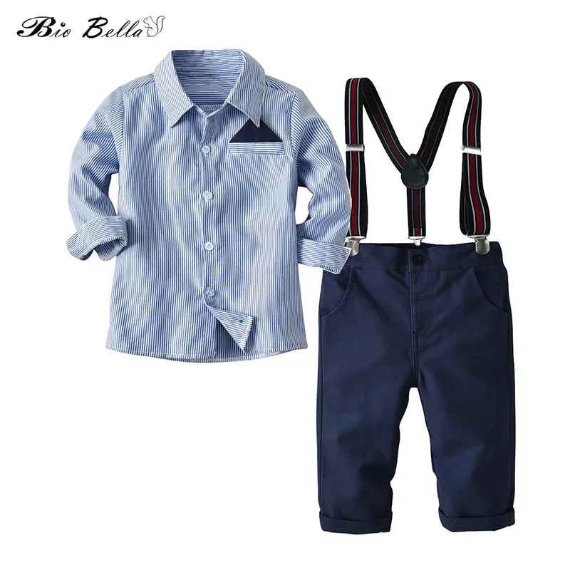 Formal Baby Boys Bow Gentle Suits Blue Striped Shirts+Suspender Pants 2pcs Sets Spring Autumn Fashion Children Clothing
Formal Baby Boys Bow Gentle Suits Blue Striped Shirts+Suspender Pants 2pcs Sets Spring Autumn Fashion Children Clothing