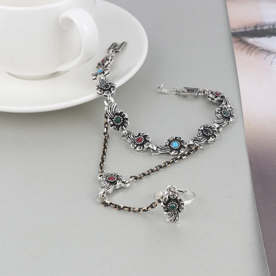 Wbmqda Bohemian Crystal Flower Bracelets link Ring For Women Antique Silver Color Vintage Ethnic Jewelry Sets Wholesale 2019 New | Украшения