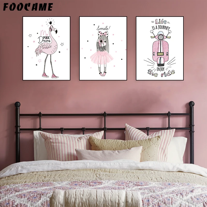 FOOCAME Flamingo Pink Girl Motorcycle Nordic Posters and Prints Nursery Wall Art Canvas Painting Decoration Pictures Kids Room | Дом и сад