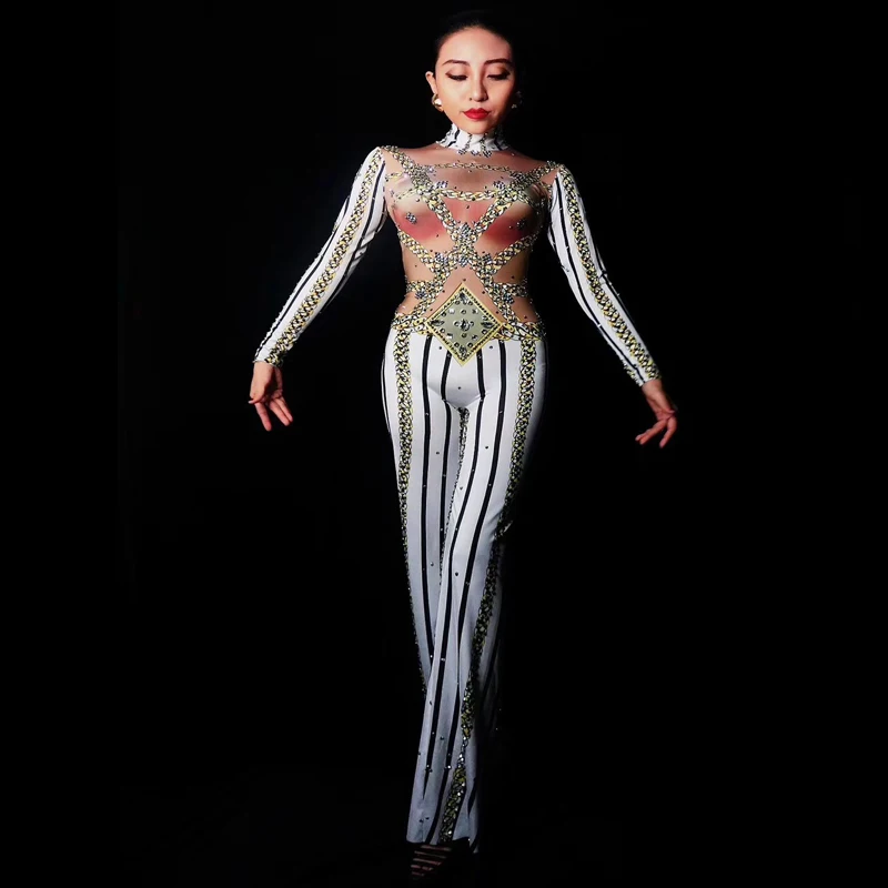 Women New Sexy 3D Printed Stripe Rhinestones Jumpsuit Outfit Stage Dance Stretch One-piece Costume Female Performance Jumpsuit
Women New Sexy 3D Printed Stripe Rhinestones Jumpsuit Outfit Stage Dance Stretch One-piece Costume Female Performance Jumpsuit