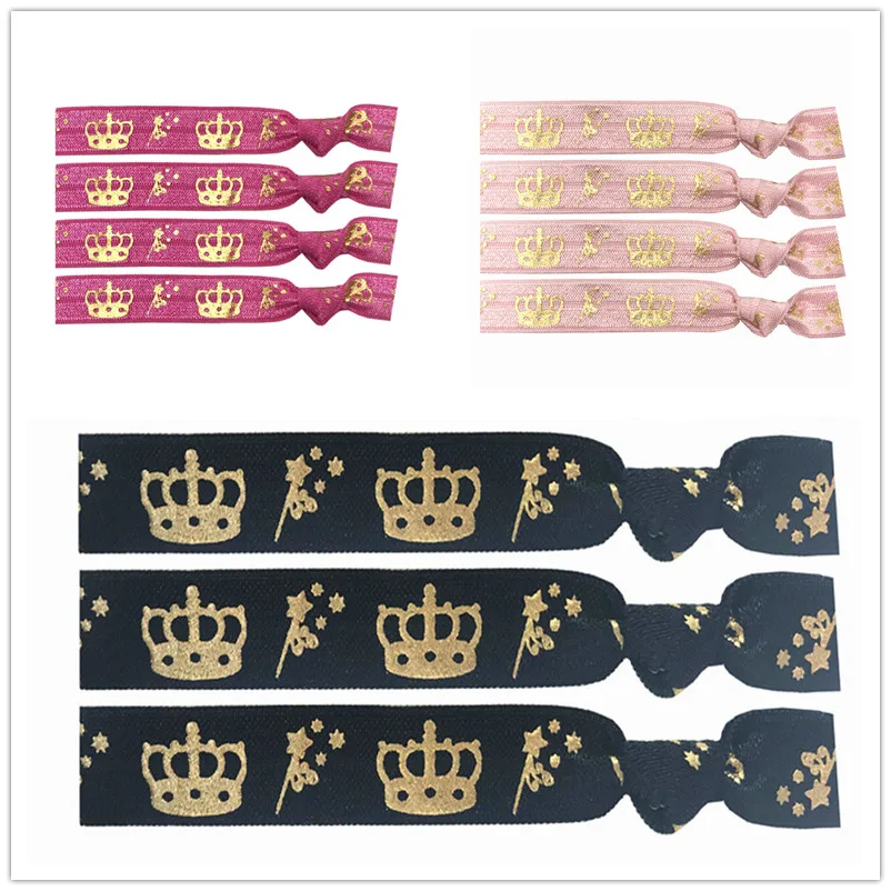 

New Arrive 4 Colors 30pcs 5/8" Crown Gold Foil Print Hair Band Hair Tie FOE Elastic Band Ponytail Holder Bracelet Wristband