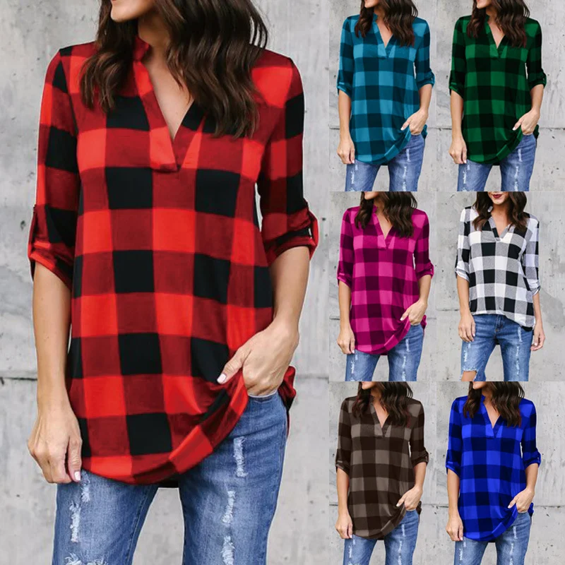 Women Blouses Plaid Shirt V-neck Long Sleeves Solid Color Loose Lady Shirt Plus Size Women Spring and Summer Fashion Clothing
Women Blouses Plaid Shirt V-neck Long Sleeves Solid Color Loose Lady Shirt Plus Size Women Spring and Summer Fashion Clothing