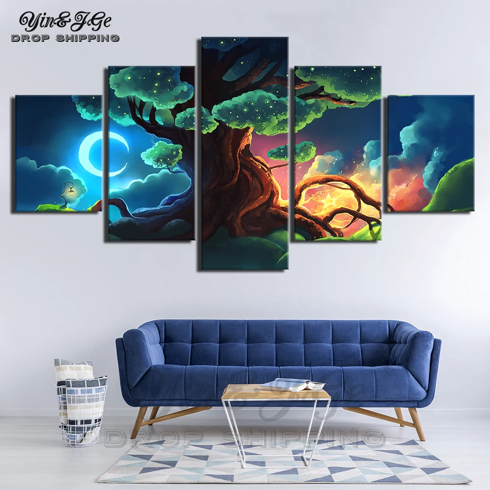 HD Painting Decoration Living Room Wall Art Printing 5 Pieces Cartoon Landscape Poster Modular Anime Pictures Canvas Frameworks | Дом и сад