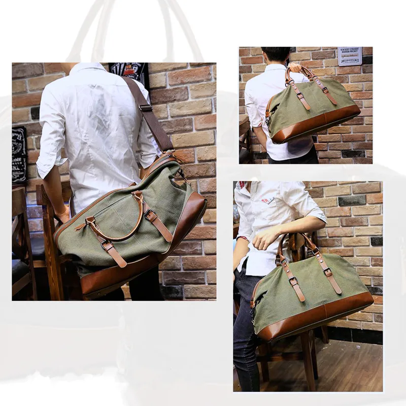 Vintage Travel Bags Canvas Leather Men Carry on Luggage Bags Men Duffel Bags Handbag Travel Large Capacity Weekend Bag Overnight
