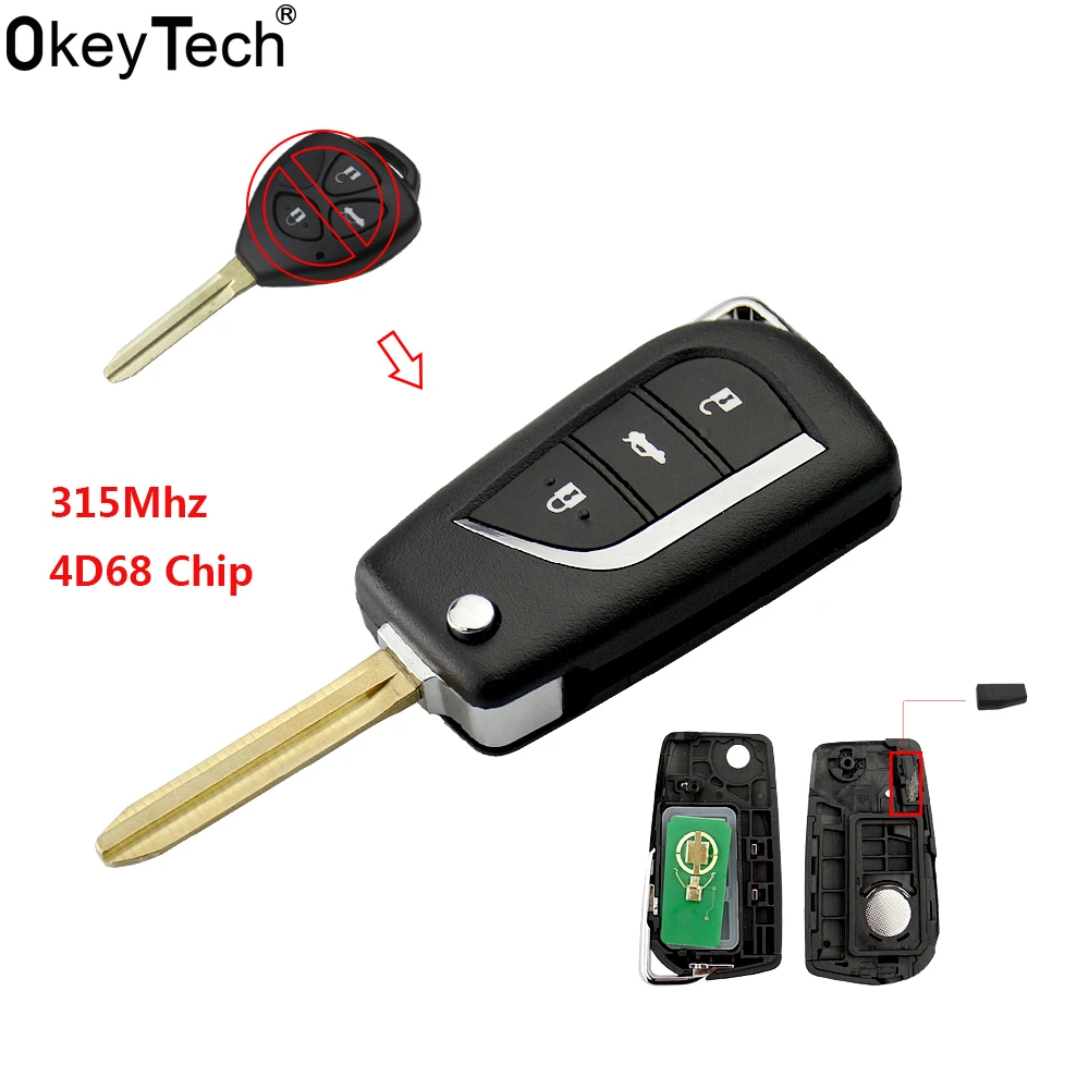 OkeyTech 315mhz 4D68 chip 3 buttons flip folding modified remote car key for Toyota Vios Corolla with TOY43 key blade
OkeyTech 315mhz 4D68 chip 3 buttons flip folding modified remote car key for Toyota Vios Corolla with TOY43 key blade