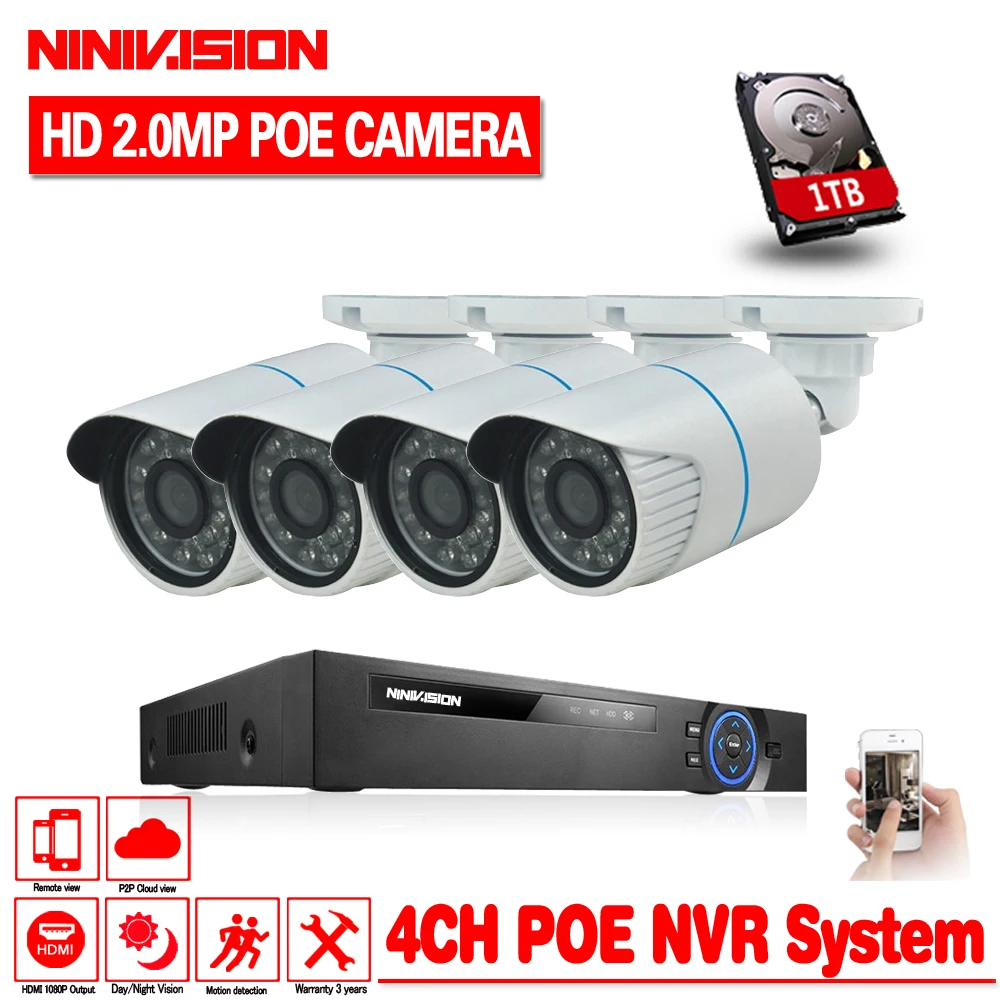 Система видеонаблюдения NINIVISION H.264 4 канала 2 МП POE NVR наружных ИК IP камеры Мп P2P Onvif