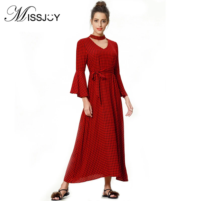 MISSJOY 2018 осень в клетку для отдыха сладкий Полный рукавом v образным вырезом Платье