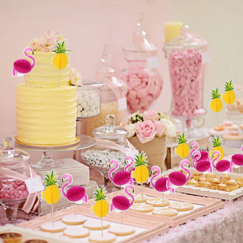 

6 шт./лот Топпер для торта с фламинго, ананасом, украшения для дня рождения, торты, Мультяшные бумажные топперы для кексов, Детские сувениры д...