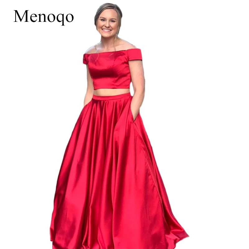 Red Satin Prom Dresses off shoulder Short Sleeve Two Pieces Long Graduation Dresses for Girls with Pockets vestido longo
Red Satin Prom Dresses off shoulder Short Sleeve Two Pieces Long Graduation Dresses for Girls with Pockets vestido longo