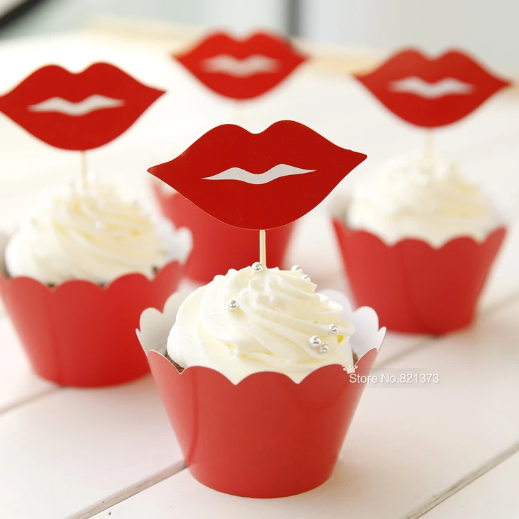 

Free Shipping red lips cupcake decoration paper wrappers, cake cup toppers picks Valentine wedding birthday party decorations