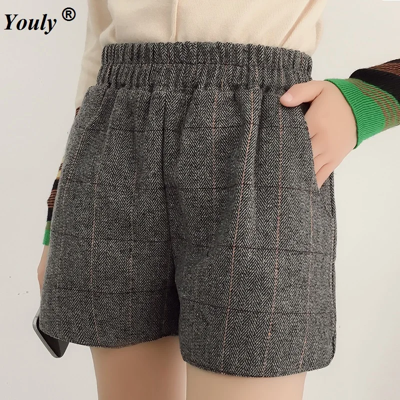 Winter woolen shorts Boots Plus Size Women Large Thicken Plaid Casual Elastic Waist bootcut Lattice Loose Wide Leg | Женская одежда
