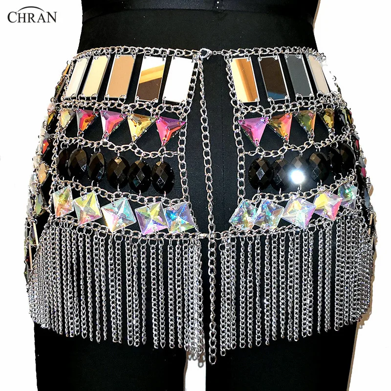 

Sexy Women Beading Belly Chains Fringe Mini Skirt Sparkly AB Iridescent Belts Nightclub Party Gem Dress Festival Wear Jewelry