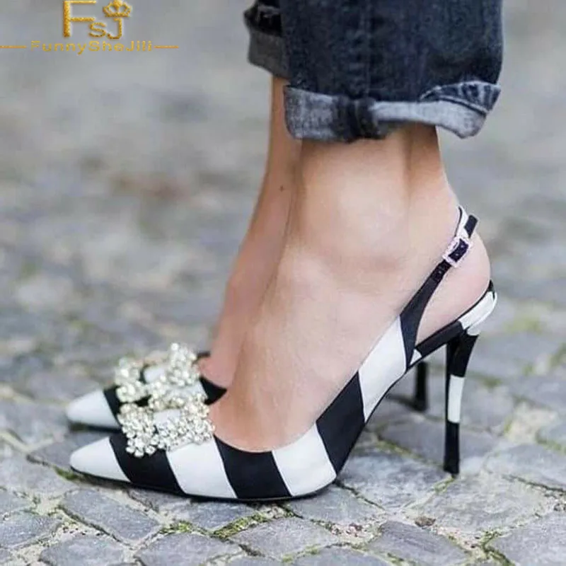 Black and White Stripes Slingback Pumps Rhinestone Satin Stiletto Heels Pointed Toe Date Spring Large Size 14 16 Woman Shoes FSJ
Black and White Stripes Slingback Pumps Rhinestone Satin Stiletto Heels Pointed Toe Date Spring Large Size 14 16 Woman Shoes FSJ
