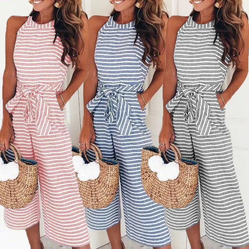 

Elegant Sexy Jumpsuits Women Sleeveless Striped Jumpsuit Loose Trousers Wide Leg Pants Rompers Holiday Belted Leotard Overalls