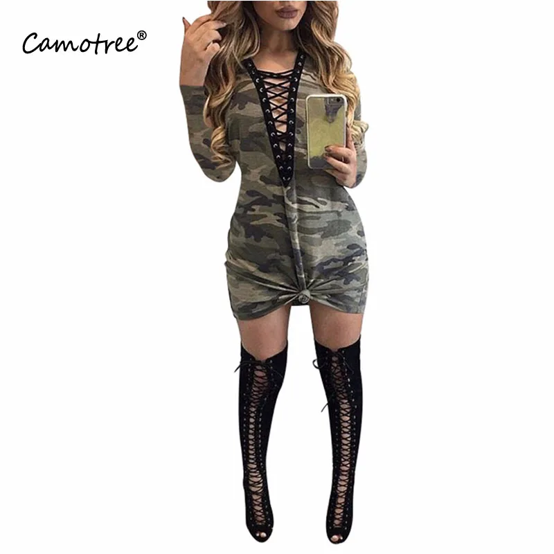 Бальные Платья Глубокий V образным Вырезом Sexy Camoflague Печати Dress Женщины Draw Строка