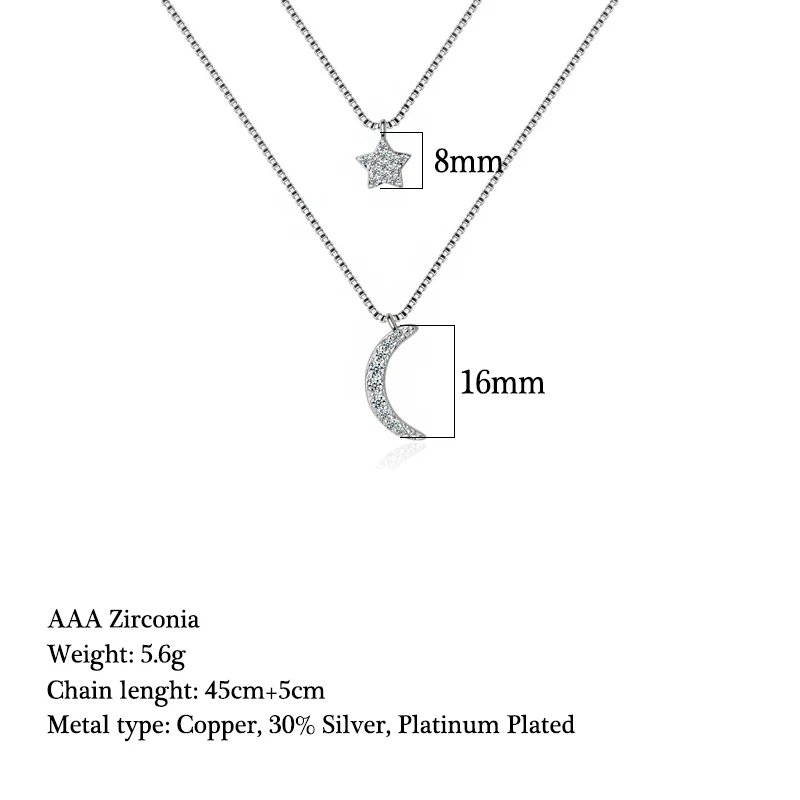 Подвеска из циркония Star & Moon двухслойная цепь ожерелье серебряного цвета модные