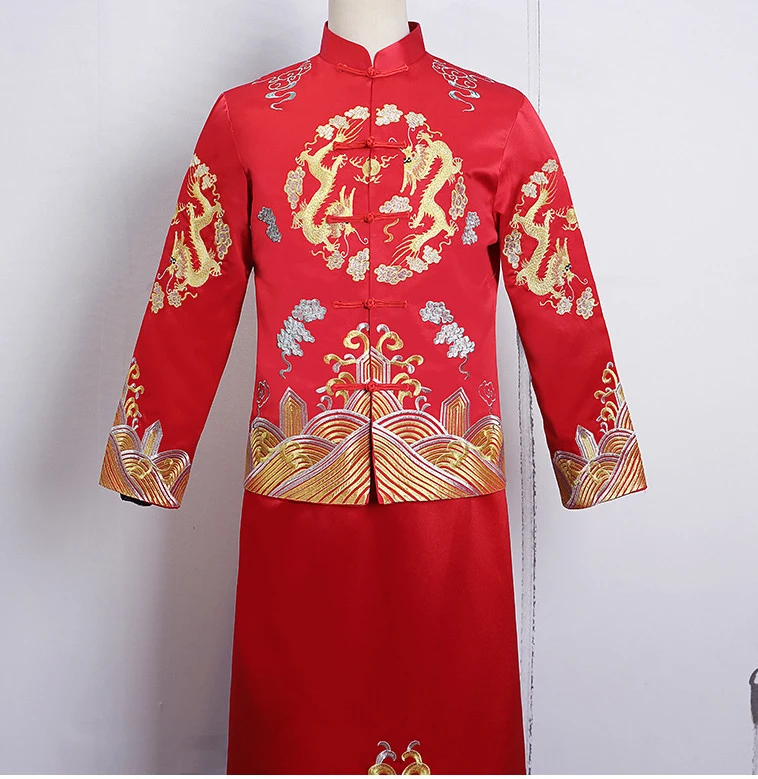 Китайский стиль Свадебные Мужские костюмы тост платье красная вышивка жениха