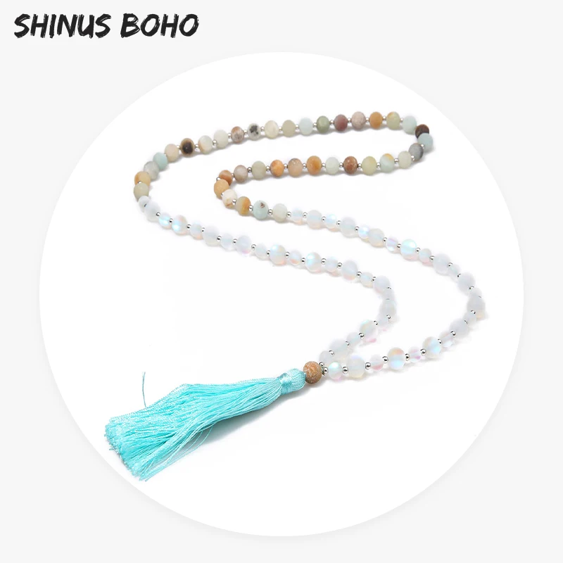SHINUSBOHO Silver Mini Bead Long Necklace Matte Frosted Stone Collier Moonstone Strand Women Men Bohemia Tassel Jewelry | Украшения и