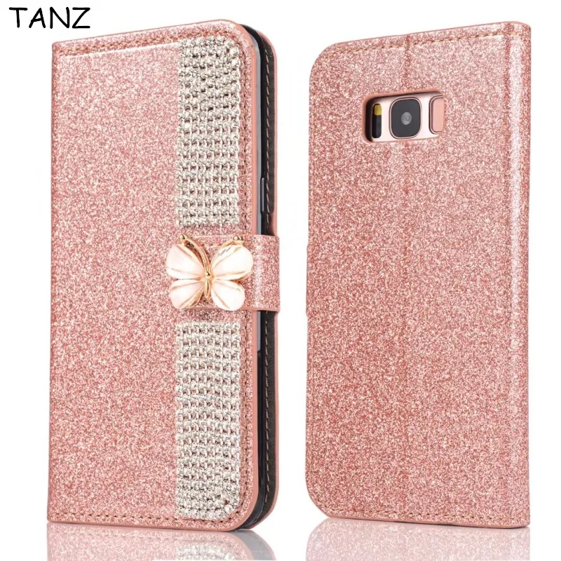 Кожаный флип кошелек TANZ блестящий 3D чехол с алмазной бабочкой для Samsung Galaxy J3 J5 J7 A3