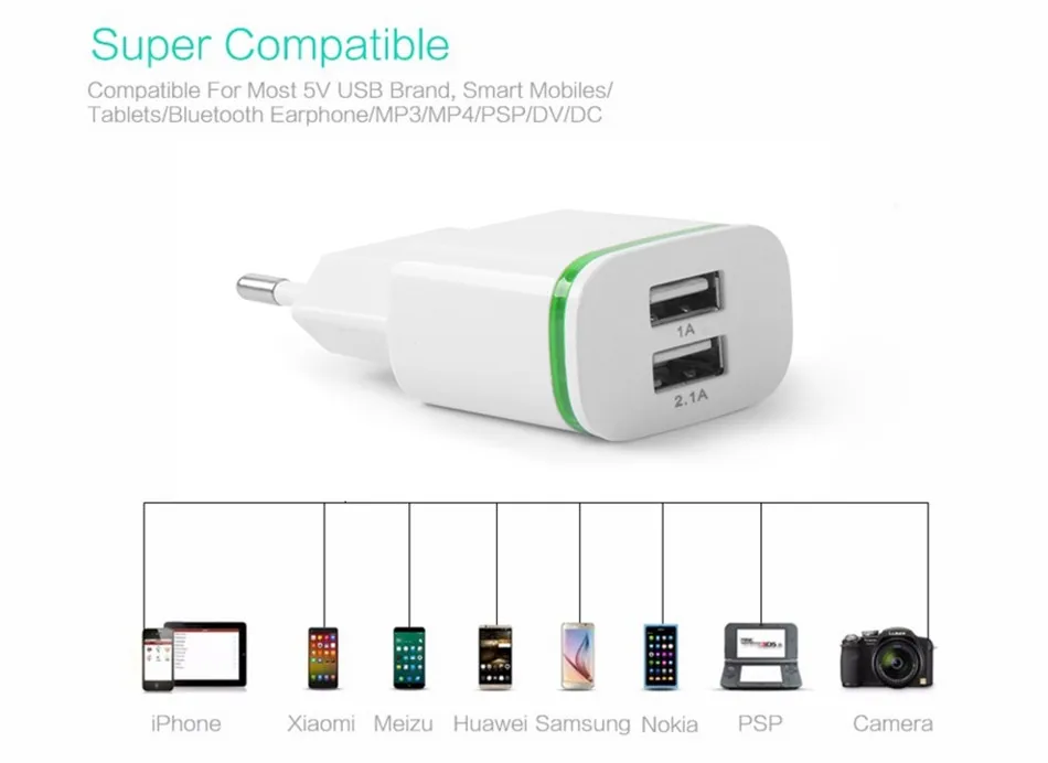 США ЕС Plug 2 Порты светодиодный свет USB Зарядное устройство 5 В 2A сетевой адаптер