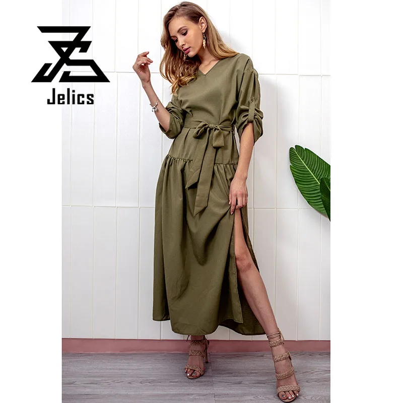 Jelics Solid Color Long Sleeve Sashes Dress V Neck Sexy Side Split Women Ankle Length Spring Dress Vestidos Festa Female
Jelics Solid Color Long Sleeve Sashes Dress V Neck Sexy Side Split Women Ankle Length Spring Dress Vestidos Festa Female