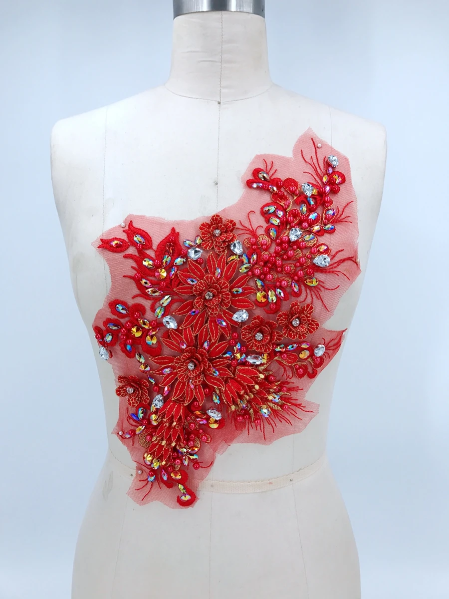 Red Three-dimensional lace applique with handsewing beads rhinestones trim patches 38*23cm for dress accessory
Red Three-dimensional lace applique with handsewing beads rhinestones trim patches 38*23cm for dress accessory