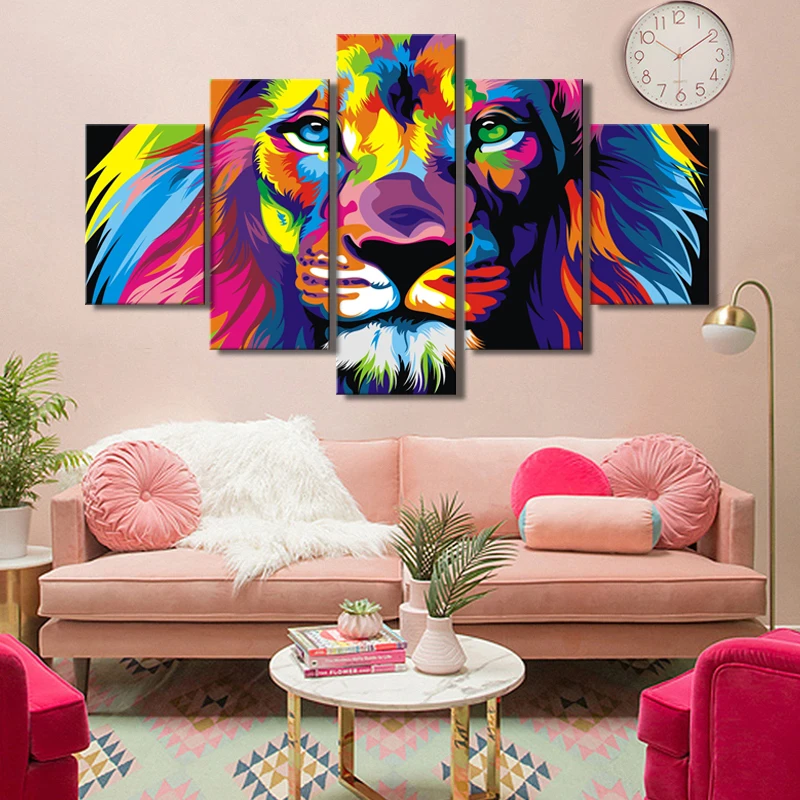 

Posters and Prints Wall Art Painting on Canvas Wall Decor 5 Panels Abstract Watercolor Lion Pictures for Living Room Frameless