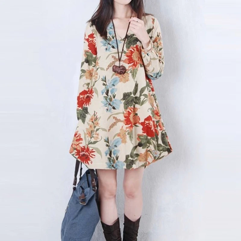 Women Long Sleeve V-neck Vestidos Vintage Floral Print Loose Cotton Linen Mini Dress Ladies Cotton Linen Casual Dresses RE0633
Women Long Sleeve V-neck Vestidos Vintage Floral Print Loose Cotton Linen Mini Dress Ladies Cotton Linen Casual Dresses RE0633