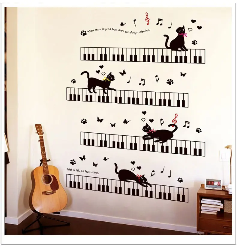 Фото Наклейки на стену с изображением кошки в пианино музыкальные - купить