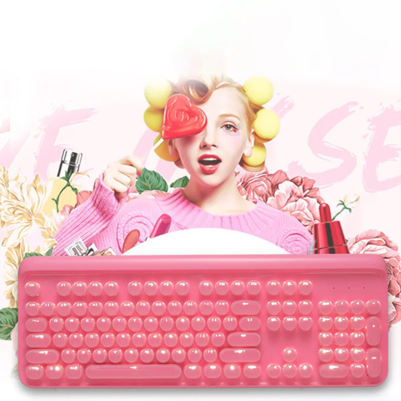 Розовая Милая Ретро панк механическая клавиатура зеленая ось 104 водяная пластина
