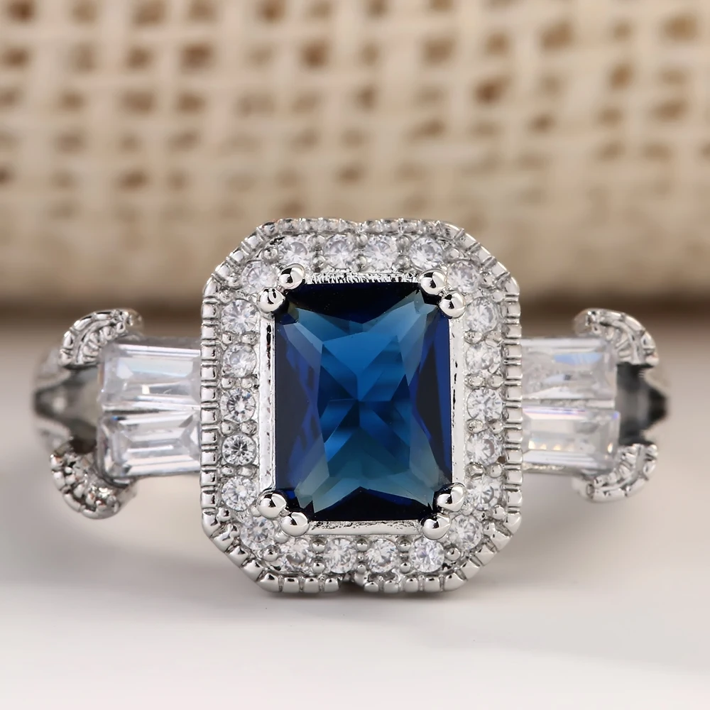 2017 summer fashion blue crystal ring for women 2ct large suqare birthstone zircon band trend jewelry shiny female bague | Украшения и