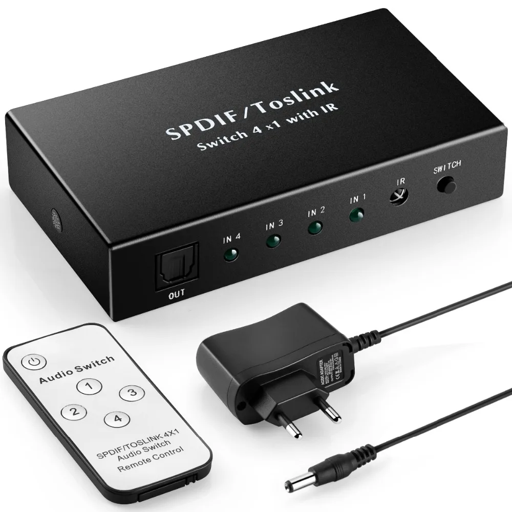 

Optical Switch SPDIF Toslink Switch IR Remote 4 input 1 output Optical Audio switcher 4 way toslink selector Box for DVD ps4