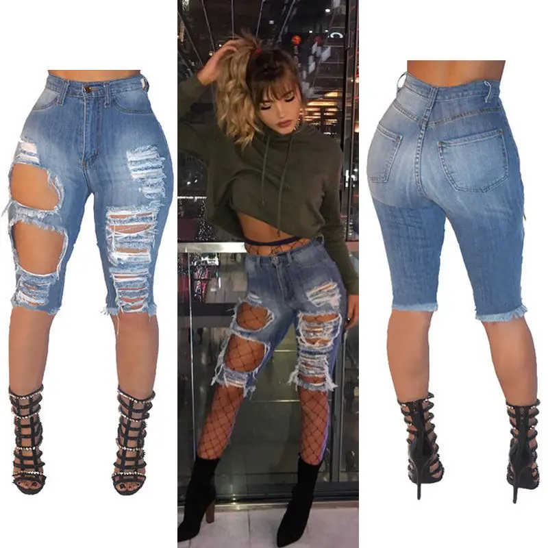 

2018 модные корейские женские джинсы до колен с большими отверстиями джинсы с высокой талией Стрейчевые синие брюки-карандаш джинсы