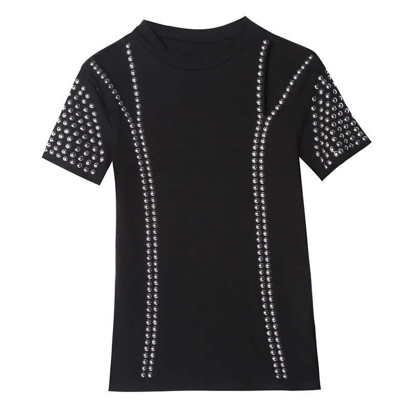 S-3XL!Short-sleeved t-shirt women fashion 2020 summer new off the shoulder diamonds rivets cotton top tees
S-3XL!Short-sleeved t-shirt women fashion 2020 summer new off the shoulder diamonds rivets cotton top tees