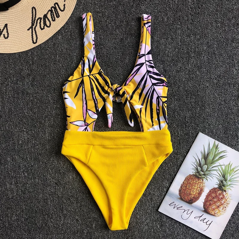 ZisioN 2019 Print One Piece Swimsuit Women Swimwear Female Yellow Bathing Suits Swimming Sexy Swim Wear Bow Monokini | Спорт и