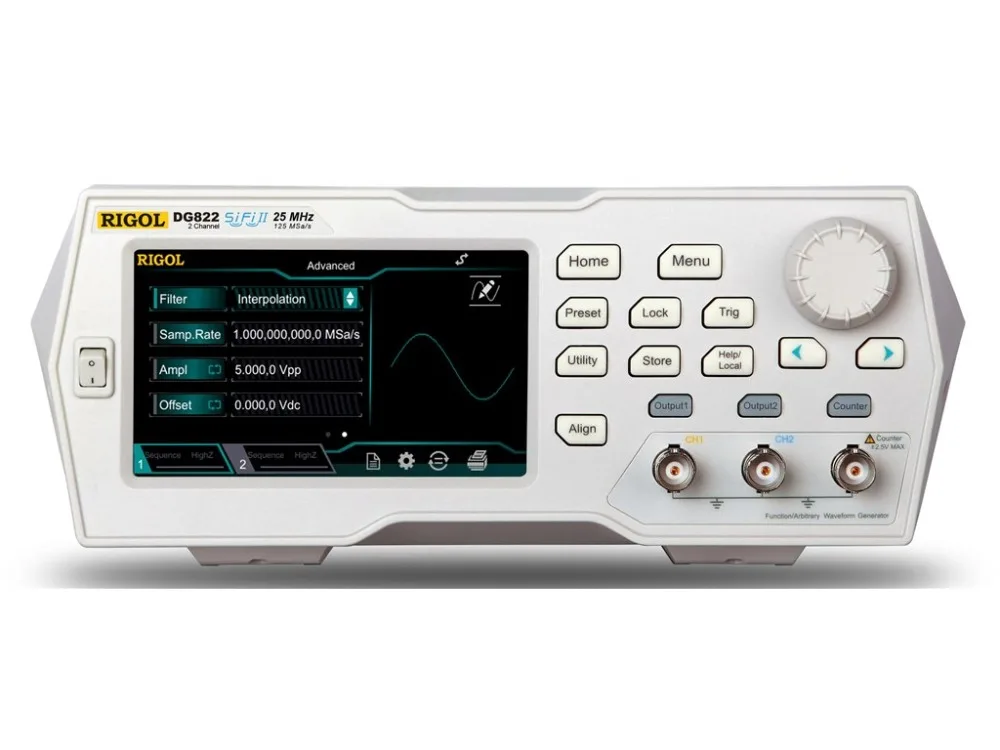 Rigol DG822 - 25 MHz Function / Arbitrary Waveform Generator, 2 Channel 4.3" TFT color touch screen
Rigol DG822 - 25 MHz Function / Arbitrary Waveform Generator, 2 Channel 4.3" TFT color touch screen
