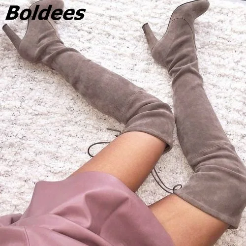 

Suede Chunky Heel Thigh High Boots Women Classy Solid Color Slip-On Lace Up Long Boots Cerebrities