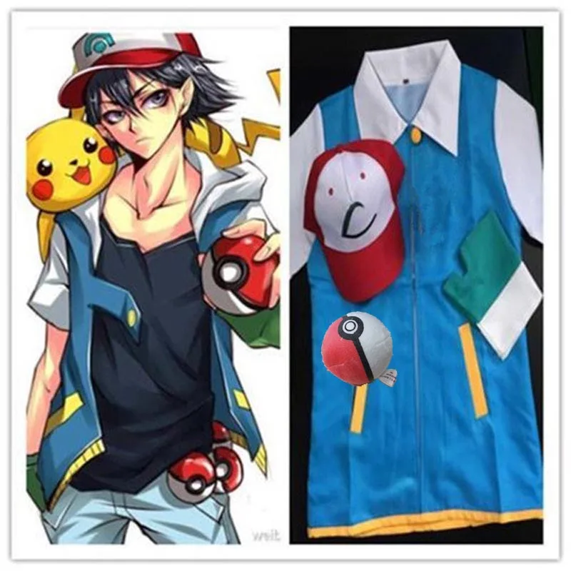 Аниме Pokemon Ash Ketchum Trainer Cosplay куртка + перчатки шляпа мяч костю...