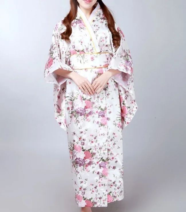 

Винтажное японское женское атласное кимоно Yukata Haori с Obi вечернее платье костюм для выступлений Классическая Азия одежда Один размер