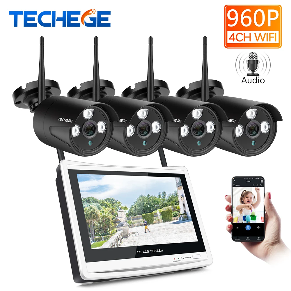 Techege 960 P беспроводная камера безопасности Система 4CH wifi NVR 12 дюймов 4 шт. 1.3MP HD