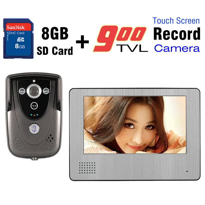 

Video Intercom System 7 inch Touch Screen 8GB Record Video Door Phone DoorBell IR Night Vision Camera video doorphone