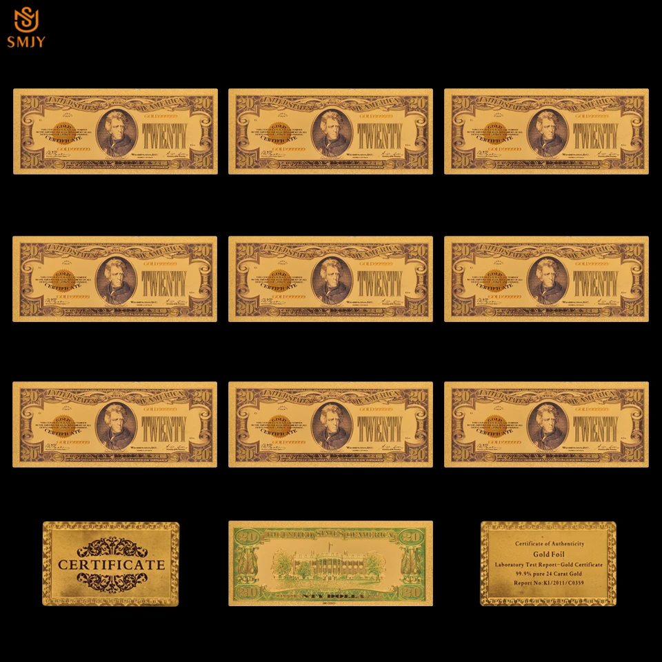 10PCS/Lot 1928 USA Currency Paper 20 Dollar Money in 24k Gold Plated Bills Fake banknote Collections
10PCS/Lot 1928 USA Currency Paper 20 Dollar Money in 24k Gold Plated Bills Fake banknote Collections