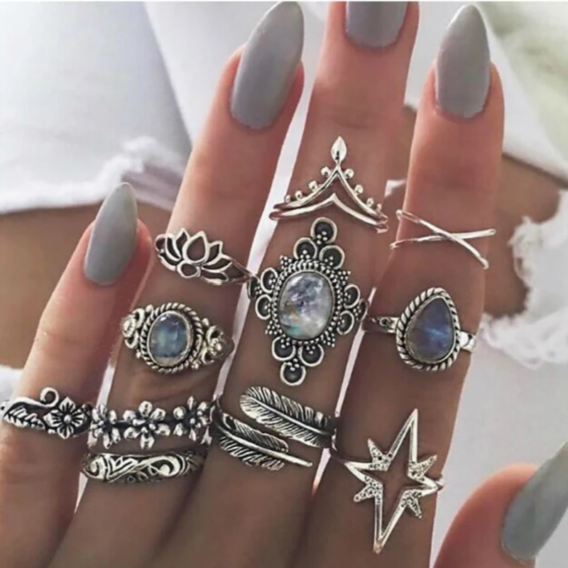 

MuHan 11 Pcs/set Vintage Boho Antique Silver Carved Rings Set National Lotus Feather Gem Knuckle Ring for Women Jewelry Gifts
