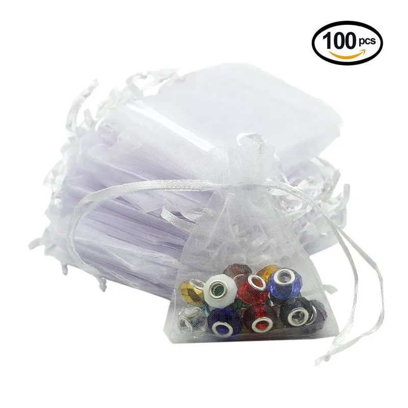 Белые сумки из органзы 100 шт. 7x9 9x12 13x18 15x20 см на шнурке для упаковки ювелирных