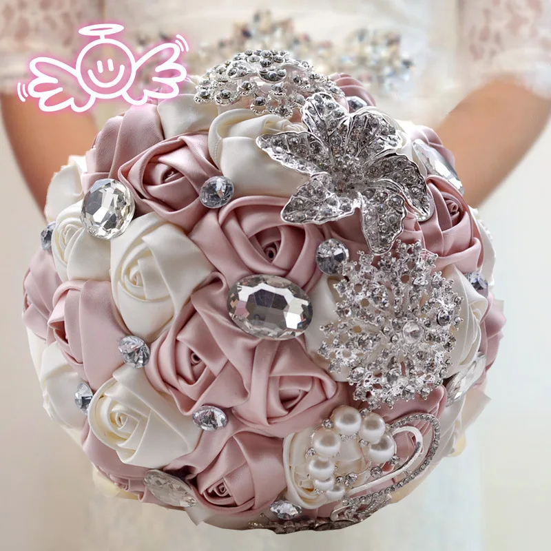 

Элегантный индивидуальный Свадебный букет с жемчугом, брошь из бисера и шелковые розы, романтический свадебный красочный букет невесты