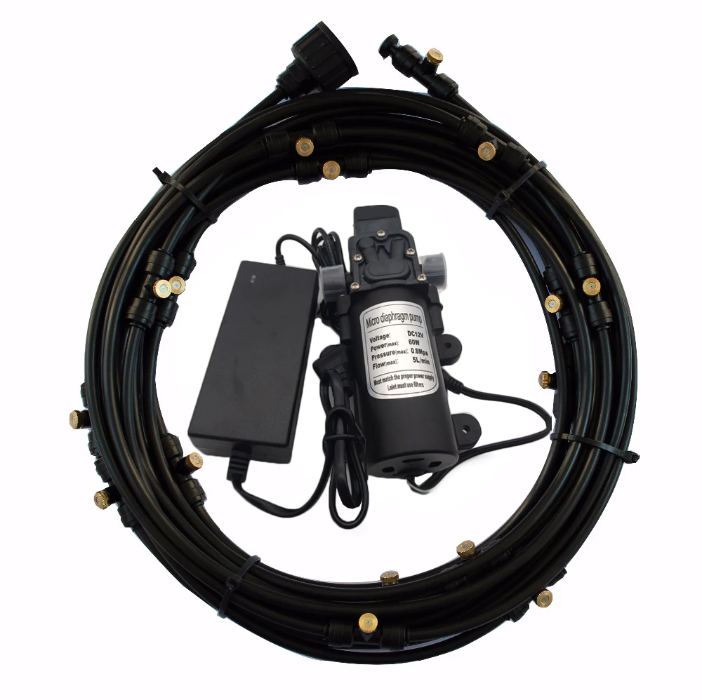 C186 Tubing 40ft length with 16pcs fine fog misting nozzles, filter and 12V DC water pump for garden misting irrigation system
C186 Tubing 40ft length with 16pcs fine fog misting nozzles, filter and 12V DC water pump for garden misting irrigation system