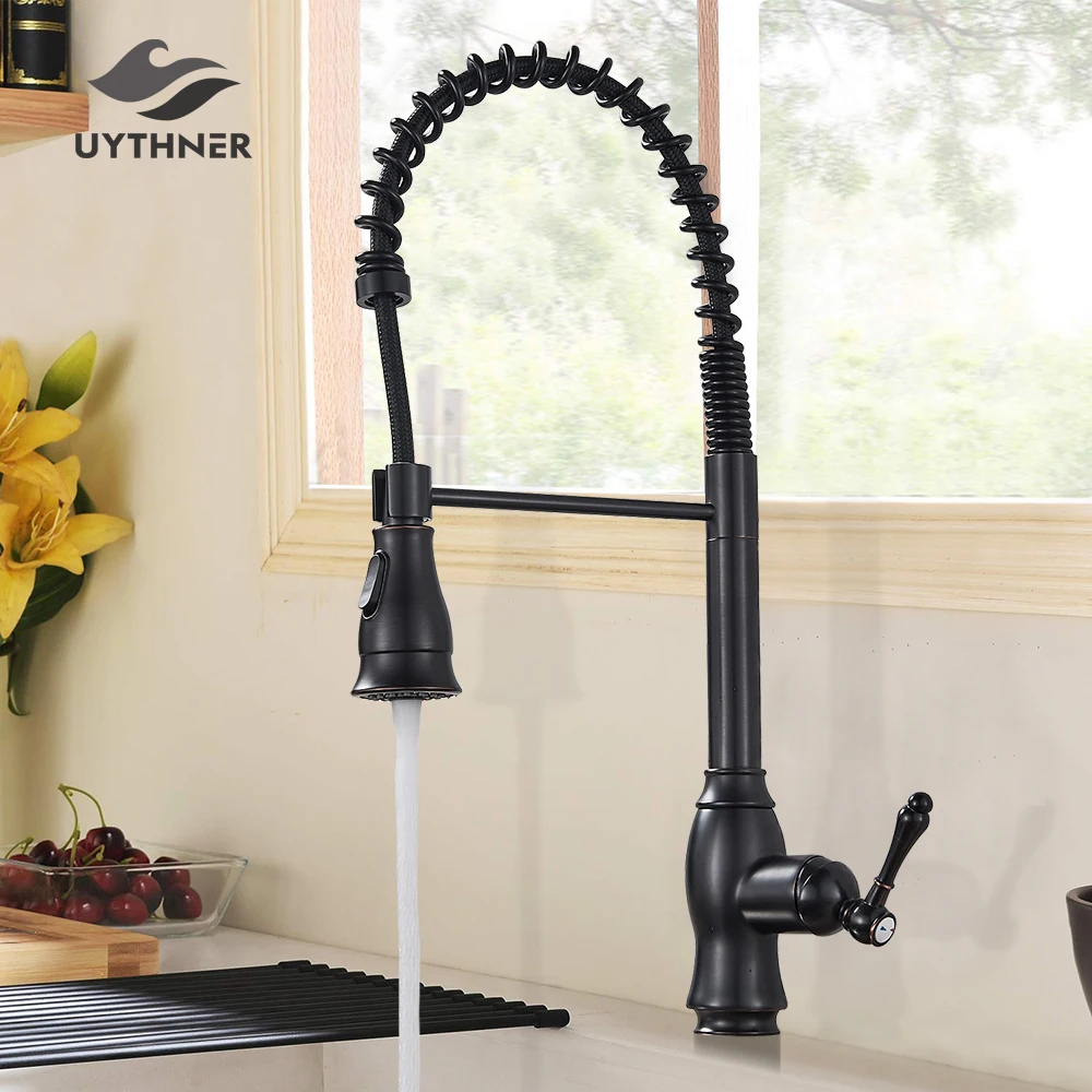 Black/Brushed Kitchen Faucet Deck Mounted Hot Cold Water Mixer for Spring Pull Down Crane 2 Function Spout | Обустройство дома