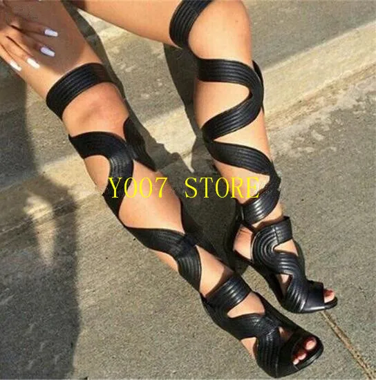 

Sexy open toe cut-outs high heels women gladiator sandals black leather lace up thigh high boots woman botas size 35-43
