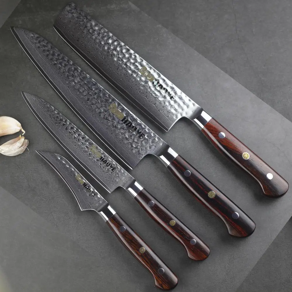 4 шт. Дамасские кухонные ножи повара накири набор с ручкой из палисандра три